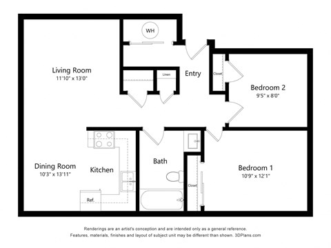Floor plan for 2 beds, 1 bath, 788 sqft